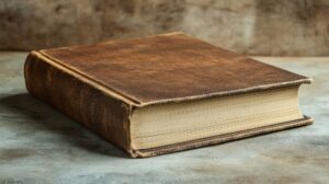 An antique brown leather-bound book resting on a textured surface.