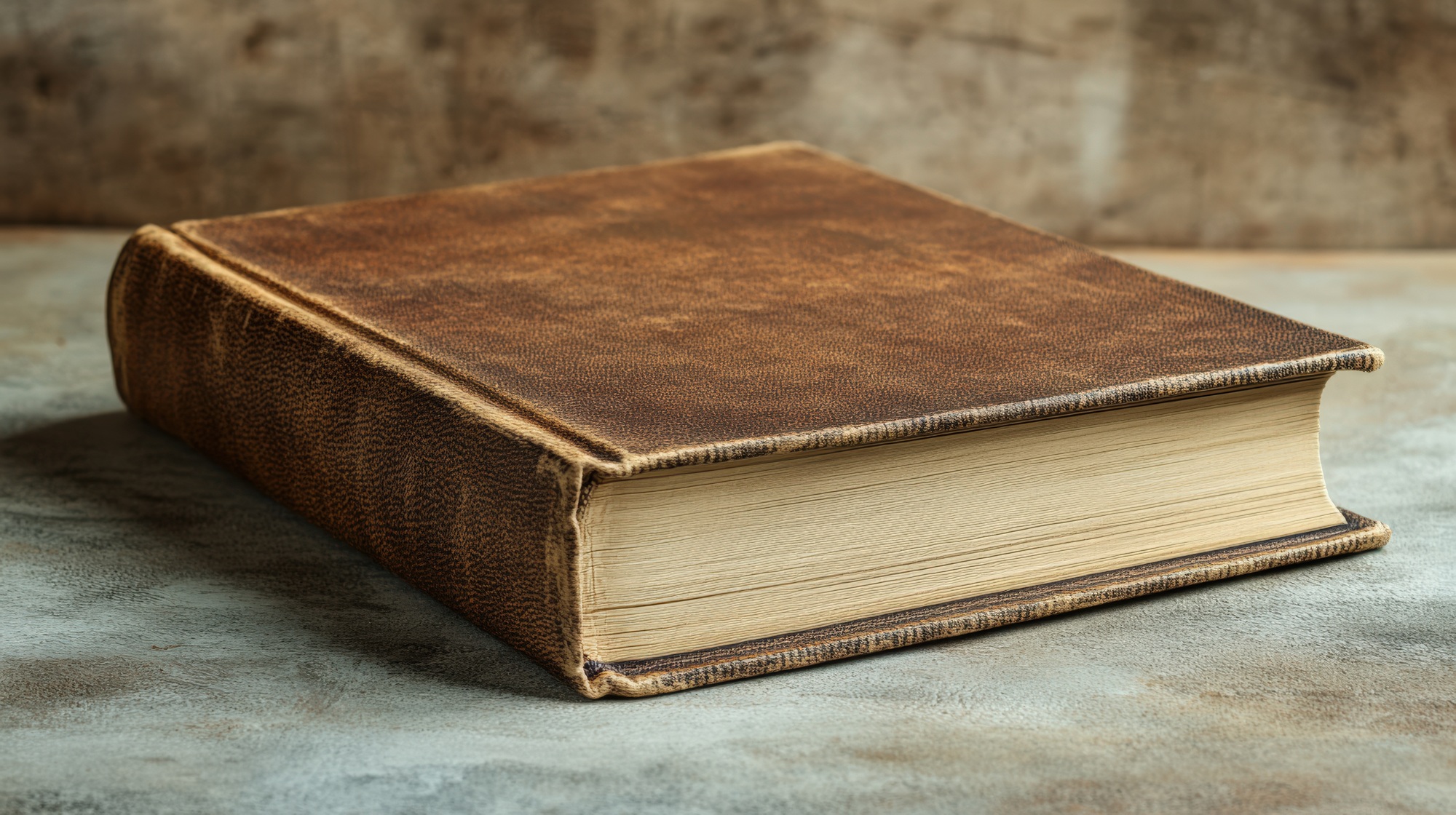 An antique brown leather-bound book resting on a textured surface.